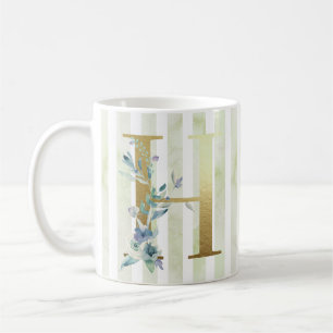 H  golden initial on blue and white stripes coffee mug