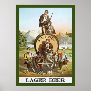 H. & J. Lager Beer ~ 1870s ~ Vintage Advertising Poster