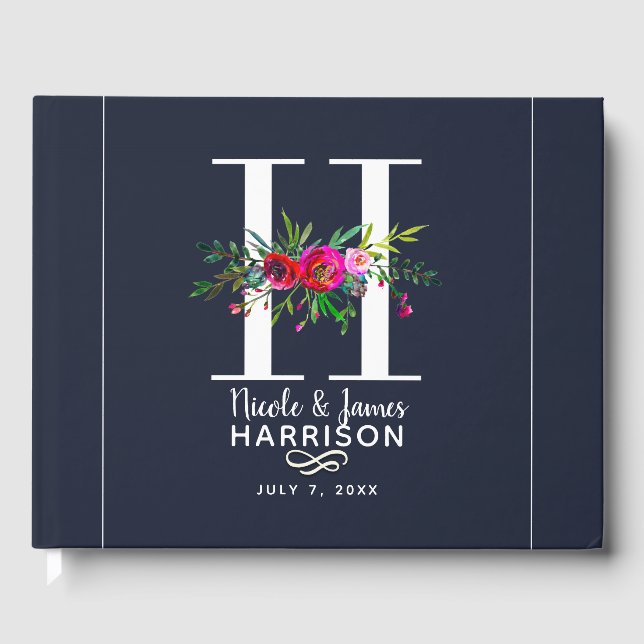 H Letter Initial Monogram Floral Name Wedding Guest Book (Front)