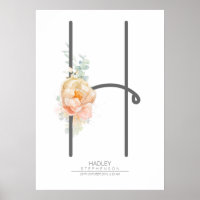 H Letter Monogram Blush Peach Floral Home Decor