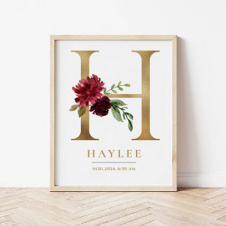 H Letter Monogram Name Marsala Floral Nursery Poster