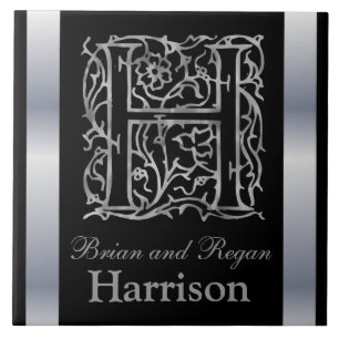 H Monogram and Name "Besque on Black" Ceramic Tile