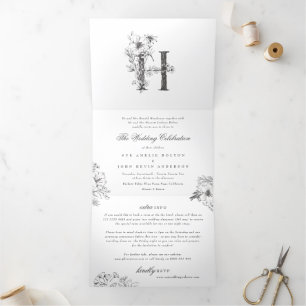 'H' Monogram Beautiful Sketched Floral Wedding Tri-Fold Invitation