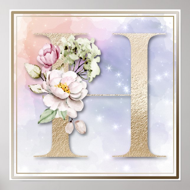 H Monogram Burgundy Floral Poster (Front)