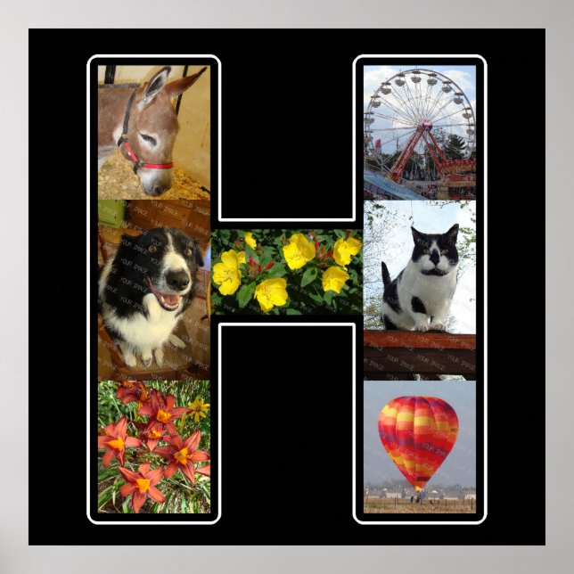 H Monogram Create Your Own 7 Photo Collage Black Poster (Front)