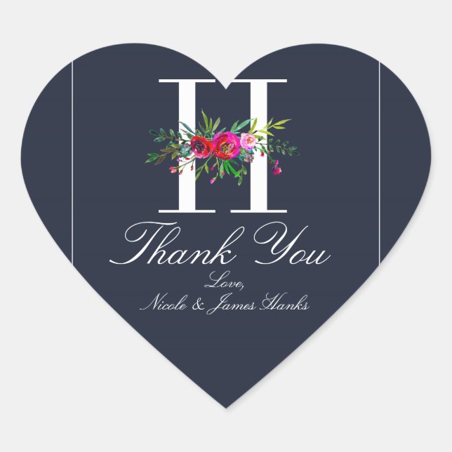 H Monogram Last Initial Modern Blue Floral Wedding Heart Sticker (Front)