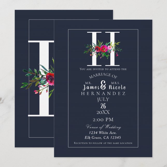 H Monogram Last Initial Modern Blue Floral Wedding Invitation (Front/Back)