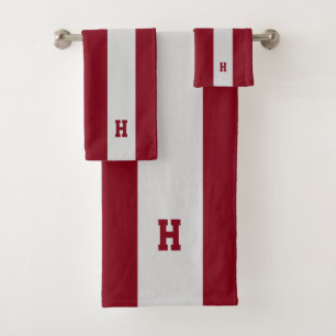H Monogram on Crimson & Light Grey Striped Bath Towel Set