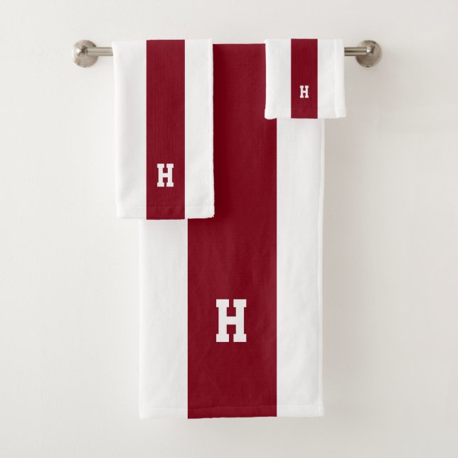 H Monogram on Crimson & White Striped Bath Towel Set (Insitu)