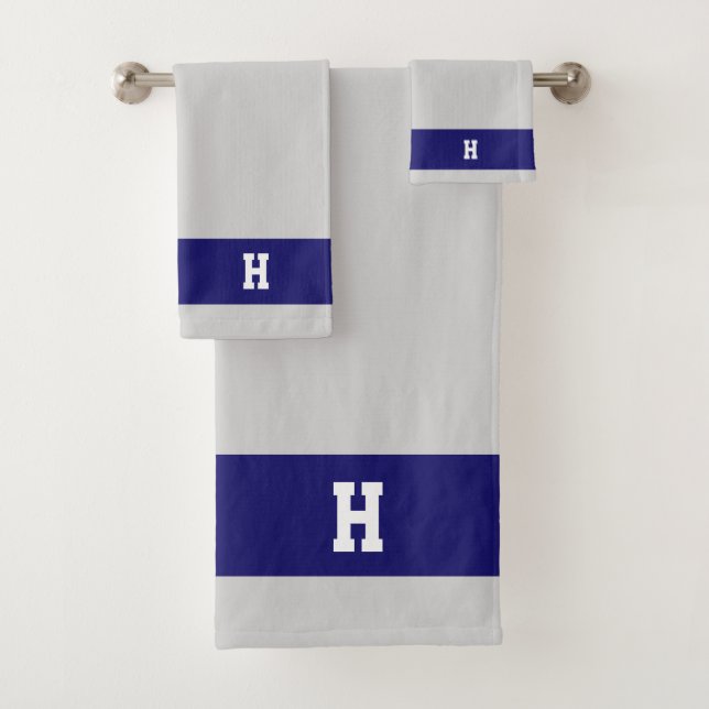 H Monogram on Light Grey & Blue Bath Towel Set (Insitu)