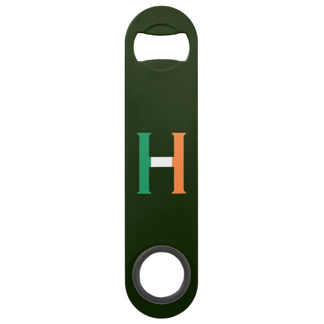 H Monogram overlaid on Irish Flag bocnt Bar Key (Front)