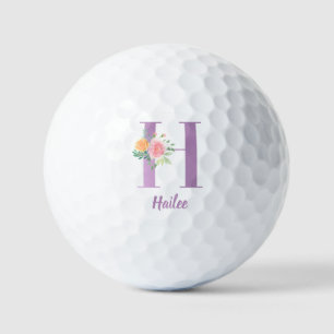 H Monogram Purple Floral Watercolor Personalized Golf Balls