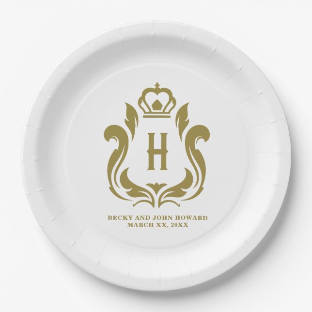 H Monogrammed Gold Crest Paper Plate (Front)