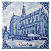 Haarlem church Delft Blue style ceramic tile