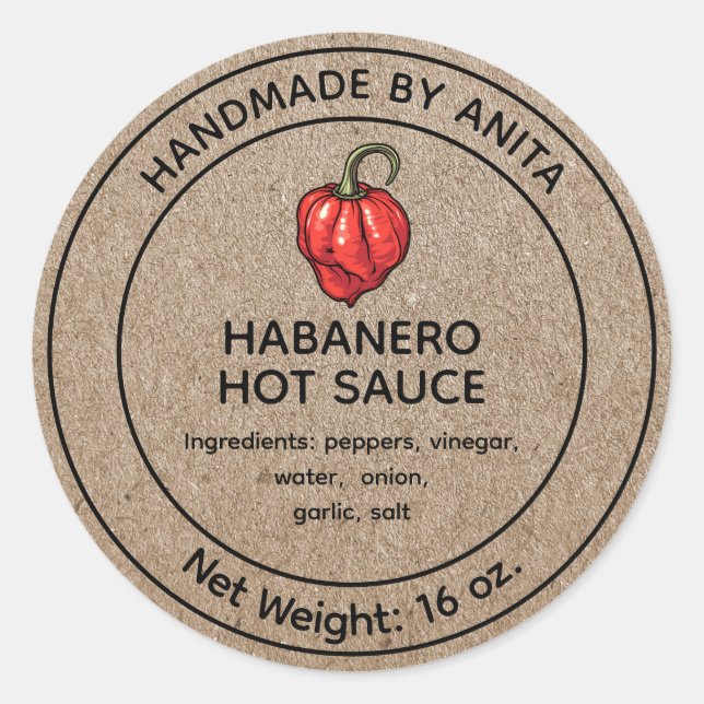 Habanero Chauffage Sauce Canne Jar Étiquette Kraft (Devant)
