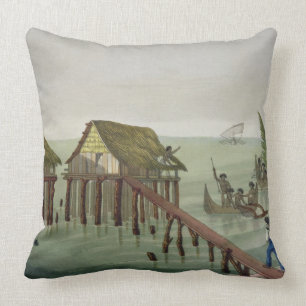 Habitations of the Papu Tribe, Rawak, plate 22 fro Throw Pillow