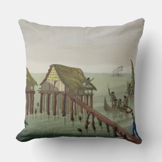 Habitations of the Papu Tribe, Rawak, plate 22 fro Throw Pillow (Front)
