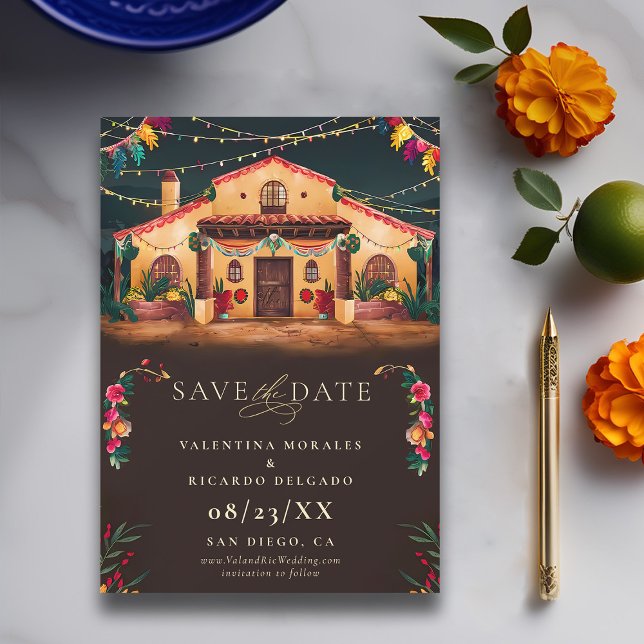 Hacienda Mexican Rustic Elegant Fiesta Wedding Save The Date (rancho mexican wedding save the date fiesta hacienda watercolor floral frame elegant modern)
