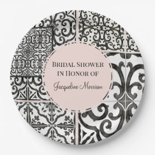 Hacienda Tile Pattern Black White Blush Bridal Paper Plate