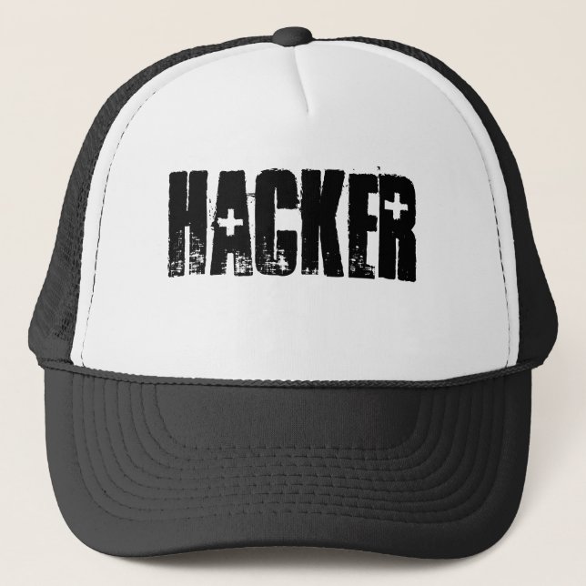 Hacker ( Black Print/White cap) Trucker Hat (Front)