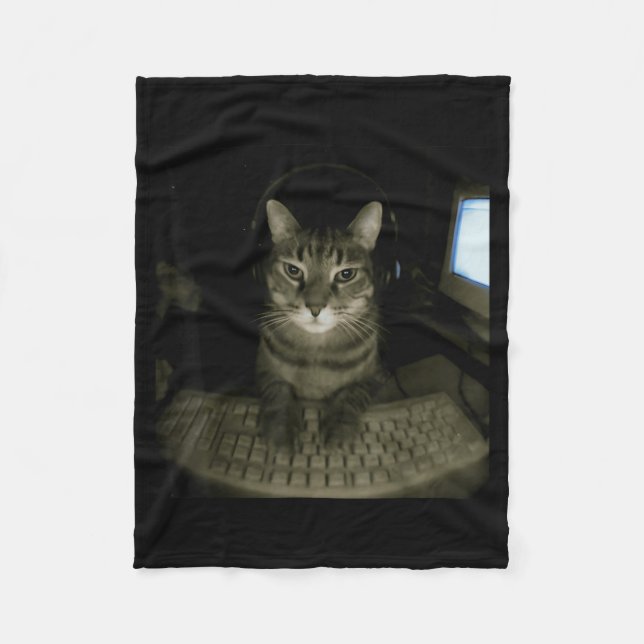 Hacker Cat Meme Funny Computer Cat Kitten Gamer Ca Fleece Blanket (Front)