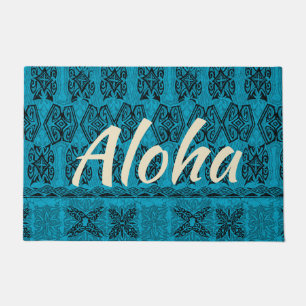 Haena Beach Hawaiian Primitive Tapa Aloha Teal Doormat