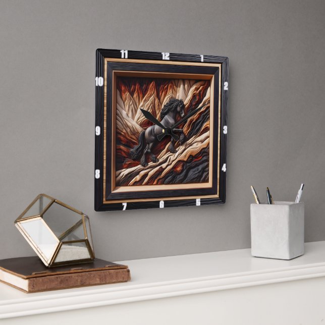 Haflinger Black Horse: Wood Art Style Choice Square Wall Clock (Office)
