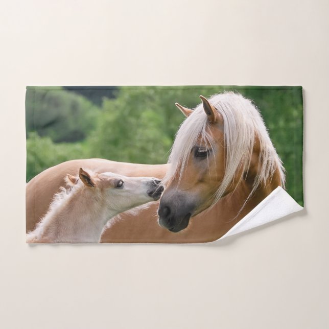 Haflinger Cute Horses Foal and Mom Cuddling Kiss . Bath Towel Set (Hand Towel)
