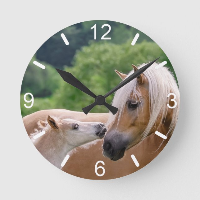 Haflinger Cute Horses Foal and Mom Cuddling Kiss - Round Clock (Front)