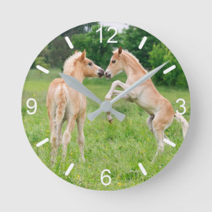 Haflinger Horses Cute Foals Rearing Fun dial-plate Round Clock