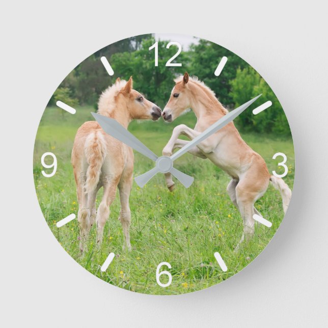 Haflinger Horses Cute Foals Rearing Fun dial-plate Round Clock (Front)
