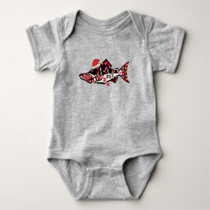 Haida Salmon Spirit Animal With Christmas Lights Baby Bodysuit