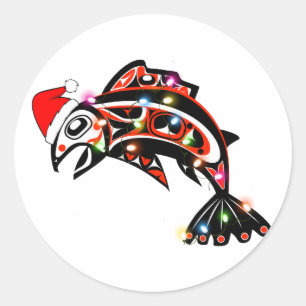 Haida Salmon Spirit Animal With Christmas Lights Classic Round Sticker