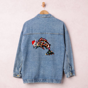 Haida Salmon Spirit Animal With Christmas Lights Denim Jacket