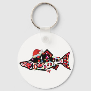 Haida Salmon Spirit Animal With Christmas Lights Keychain