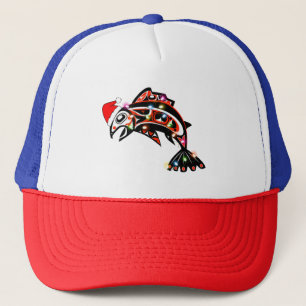 Haida Salmon Spirit Animal With Christmas Lights Trucker Hat