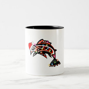 Haida Salmon Spirit Animal With Christmas Lights Two-Tone Coffee Mug
