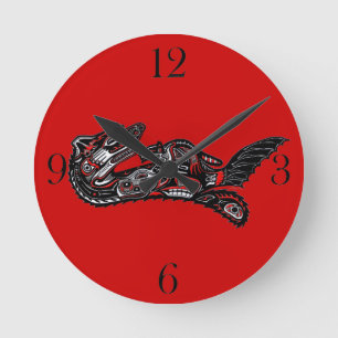 Haida-style Mother Otter and Baby Otter Native Art Round Clock