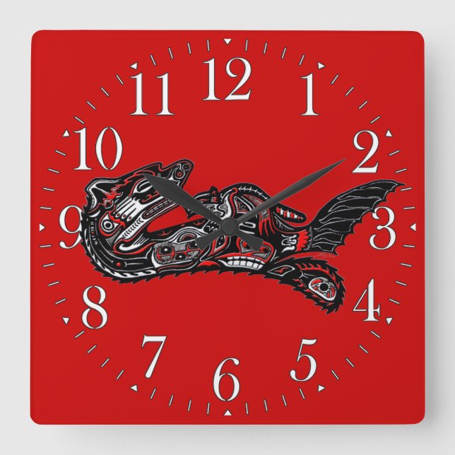 Haida-style Mother Otter and Baby Otter Native Art Square Wall Clock (Front)