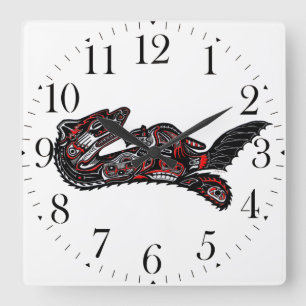 Haida-style Mother Otter and Baby Otter Native Art Square Wall Clock