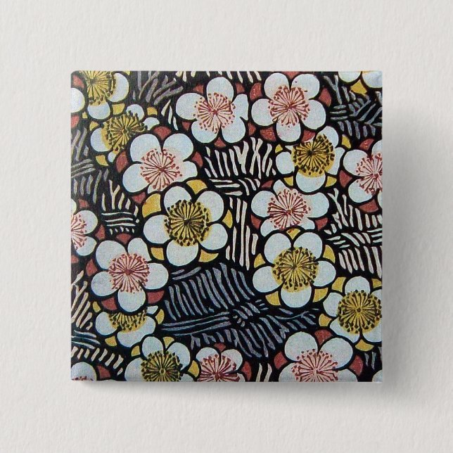 HAIKU/ BLACK WHITE PINK YELLOW SPRING FLOWERS 2 INCH SQUARE BUTTON (Front)