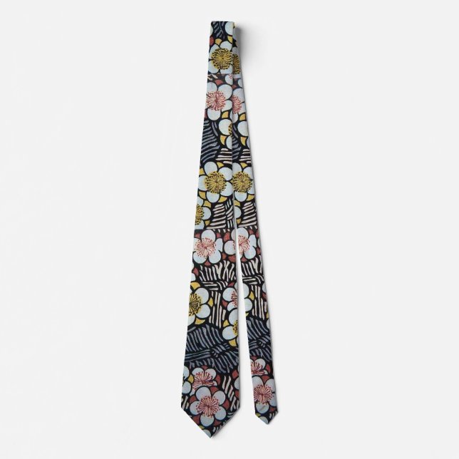 HAIKU/ BLACK WHITE PINK YELLOW SPRING FLOWERS TIE (Front)