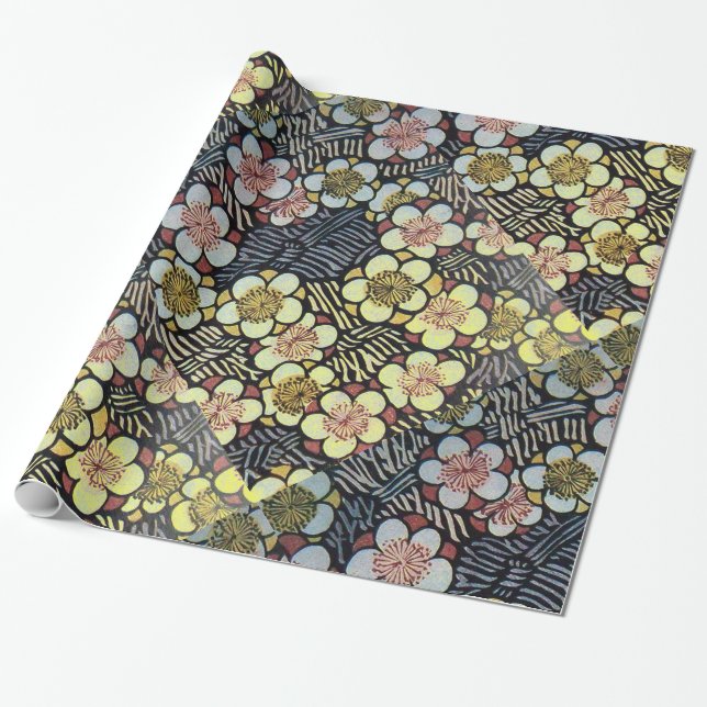 HAIKU/ BLACK WHITE PINK YELLOW SPRING FLOWERS WRAPPING PAPER (Unrolled)