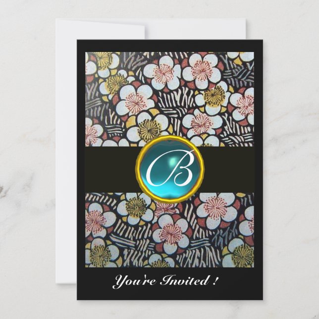 HAIKU/ SPRING FLOWERS BLUE TURQUOISE GEM MONOGRAM INVITATION (Front)