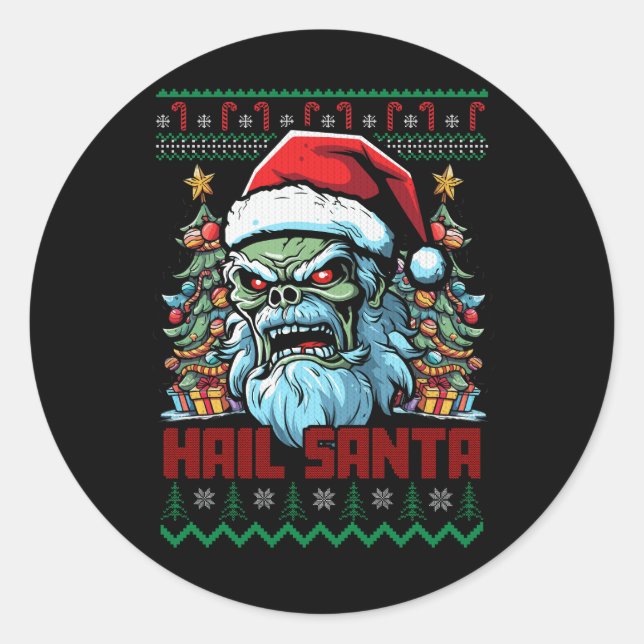 Hail Santa Heavy Metal Headbanger Ugly Christmas X Classic Round Sticker (Front)