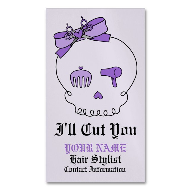 Hair Accessory Skull (Bow Detail Purple w/ Text 4) Magnetic Business Card (Front Vertical)