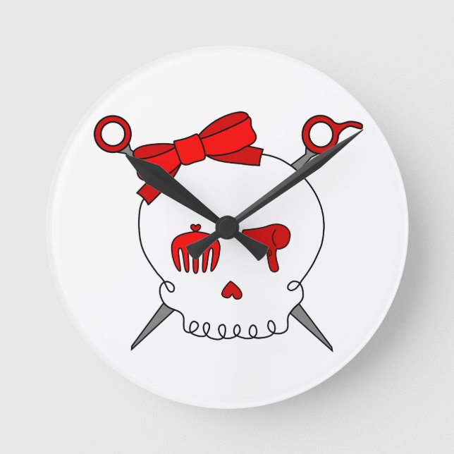 Hair Accessory Skull & Scissors (Red) Round Clock (Front)