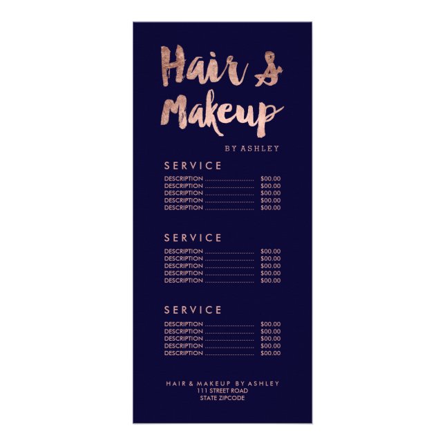 Hair and makeup gold typography navy price list rack card (Front)
