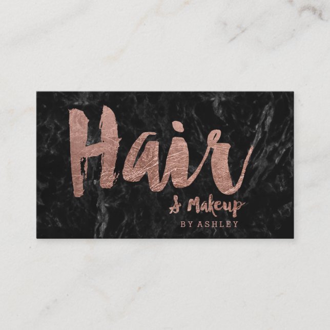 Hair and makeup rose gold typography black marble business card (Front)