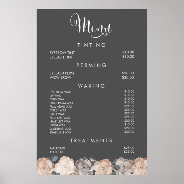 Hair Beauty Salon Beautician Menu Price Poster (Front)